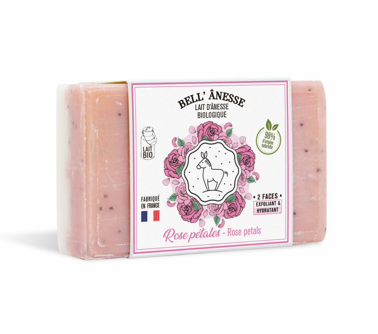 Savon Double Face au Lait d'Ânesse Senteur Pétale de Rose 125g - Bell Ânesse