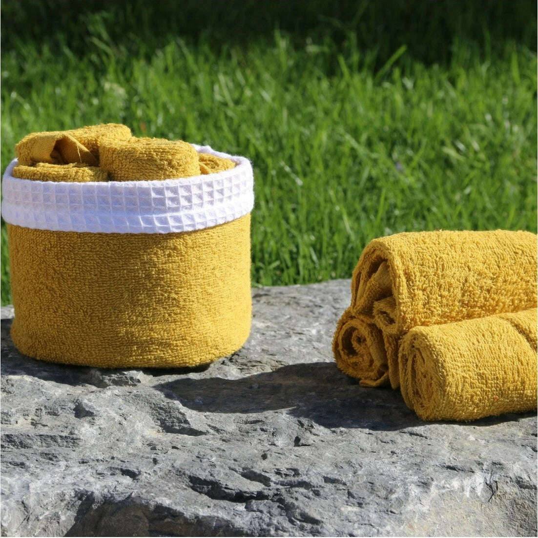 Panier 100% Coton avec 6 serviettes Invités Jaune Chai Tea - Sud Étoffe