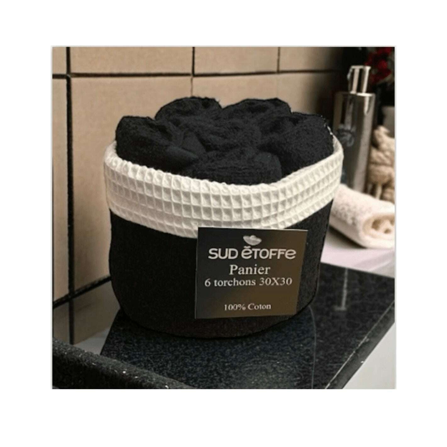 Panier 100% Coton avec 6 serviettes Invités Noir - Sud Étoffe