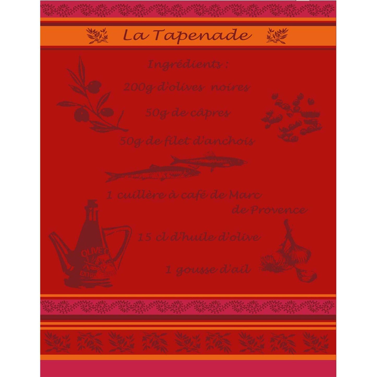 Torchon Fils Teints Rouge La Tapenade 100% Coton 50x70cm - Sud Étoffe